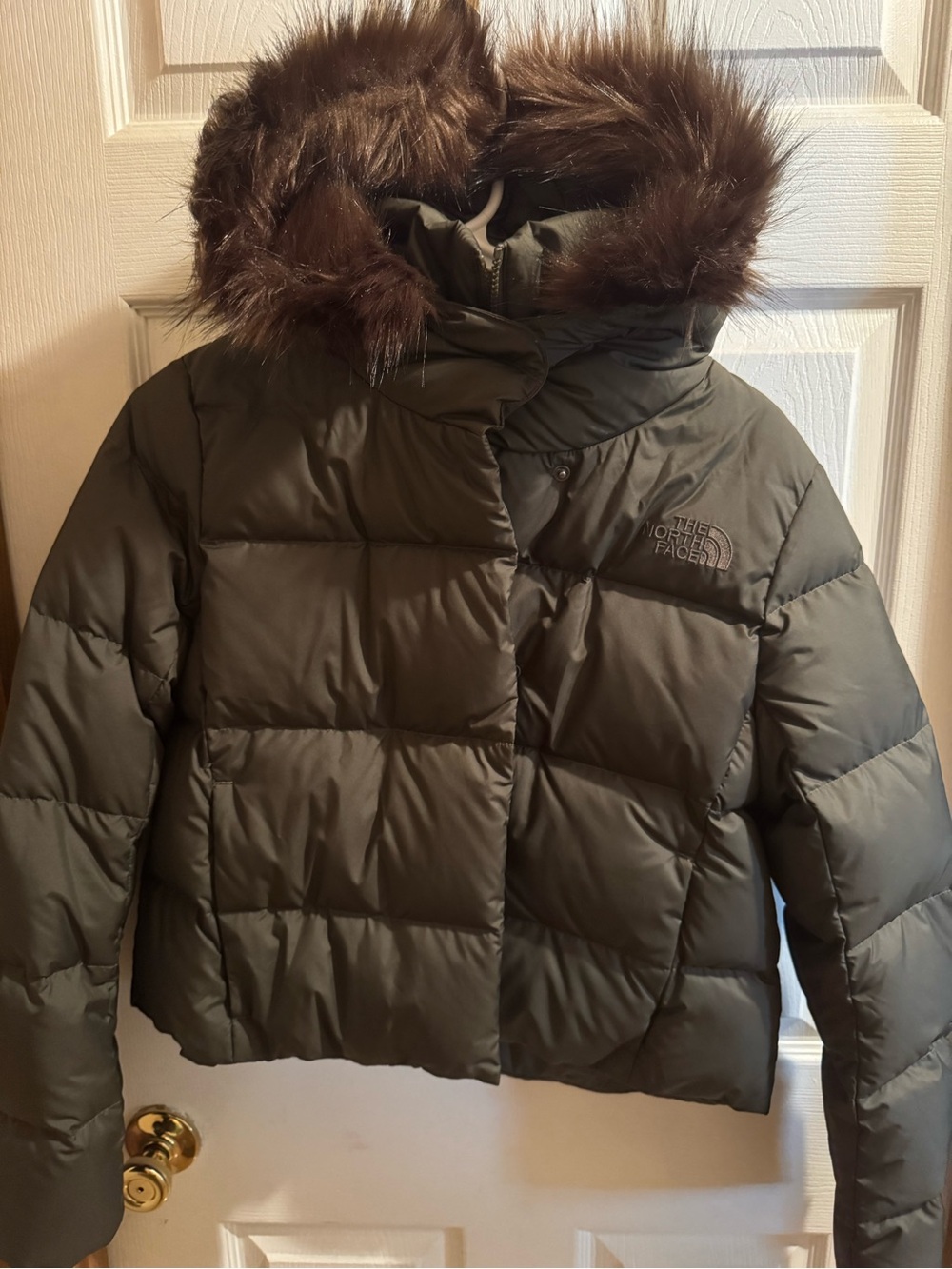 The North Face Olive Green Quilted Puffer Jacket with Faux Fur Trim